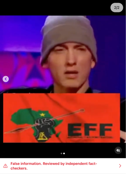 Screen capture of the Eminem deepfake, featuring a warning label from Instagram. (Source: @flipsideradar/archive)