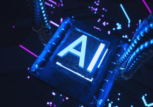 A glowing blue 'AI' letter against a dark background with circuit board patterns and purple accents. The image conveys a technological and official government document theme.