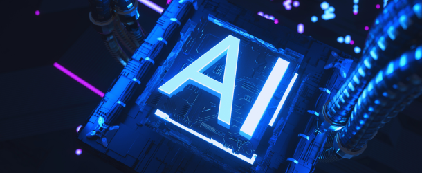 A glowing blue 'AI' letter against a dark background with circuit board patterns and purple accents. The image conveys a technological and official government document theme.