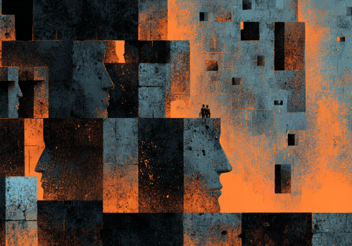 Abstract illustration of fragmented human profiles formed from block-like structures in dark blue and orange tones, representing the complex systems and infrastructures underlying information manipulation.