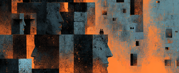 Abstract illustration of fragmented human profiles formed from block-like structures in dark blue and orange tones, representing the complex systems and infrastructures underlying information manipulation.
