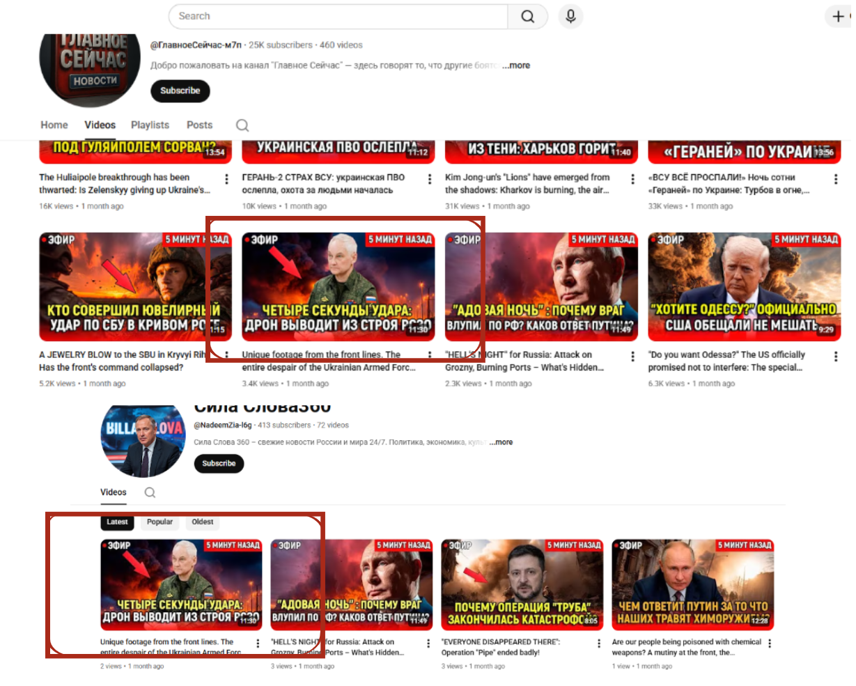Two YouTube channels displaying identical thumbnails indicating content reuse