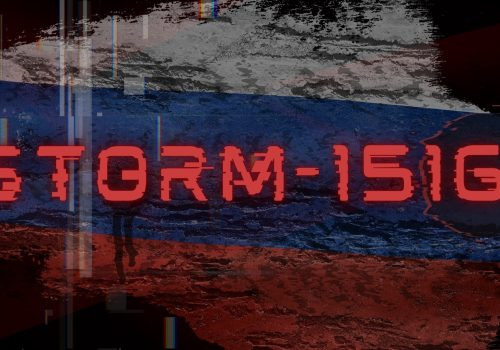 Glitch-style graphic over a Russian tricolor flag background with the text "STORM-1516" in red distorted type, evoking a disinformation network.