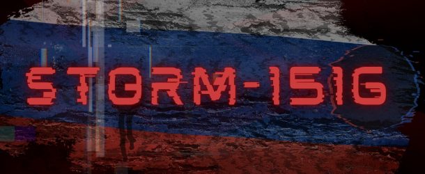 Glitch-style graphic over a Russian tricolor flag background with the text "STORM-1516" in red distorted type, evoking a disinformation network.
